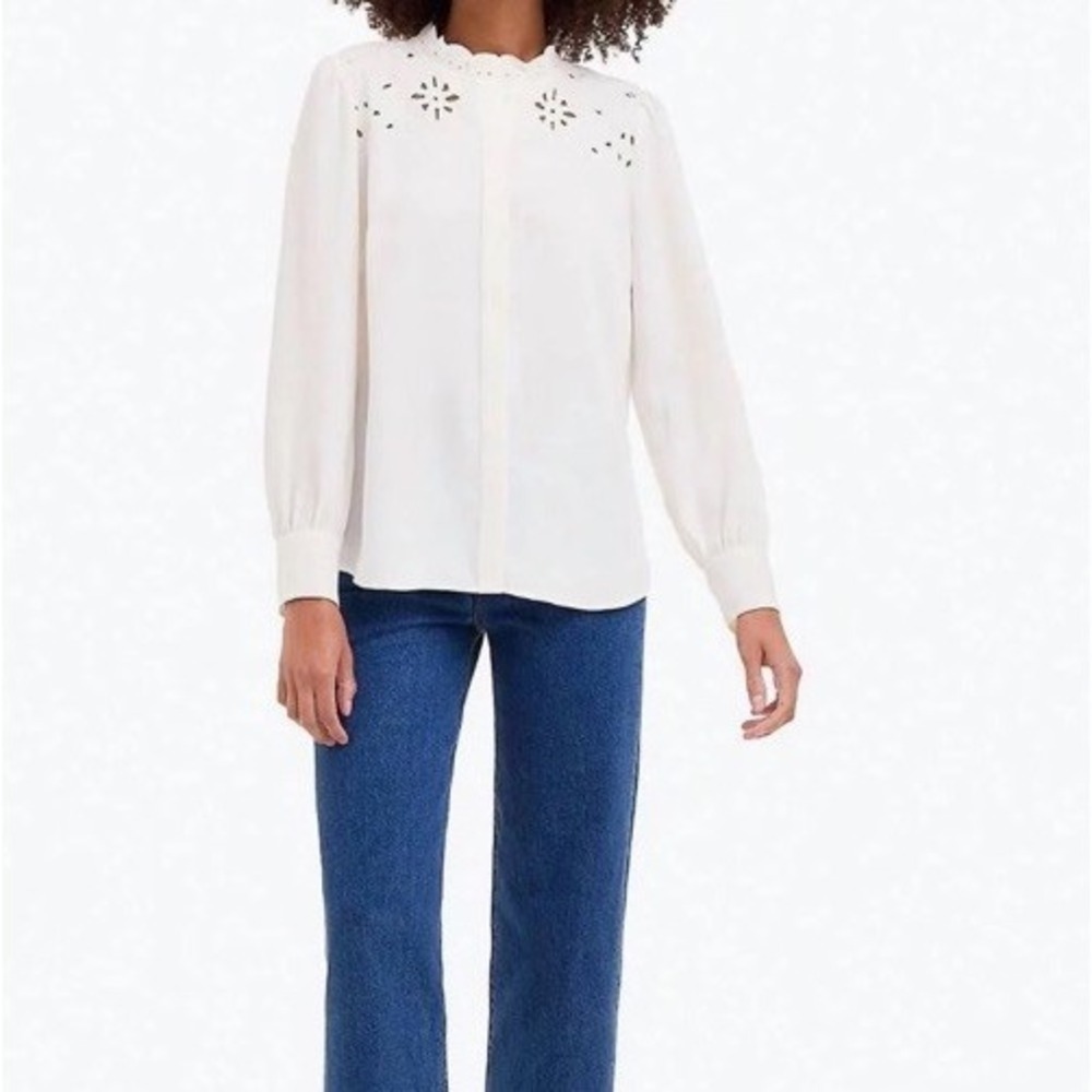 DRAPER JAMES Women White Covered Placket Button Down Lace/Eyelet Blouse‎ Top